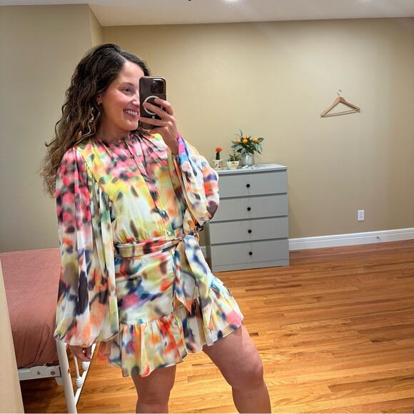 NWT Alexis Pink Multicolored Watercolor Long Sleeve Mini Dress Medium - Picture 2 of 14